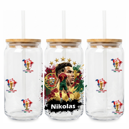 Sklenený pohár so slamkou Ronaldo s menom