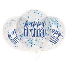 Priehľadné balóny s konfetami Happy Birthday Modré 6 ks