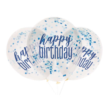 Priehľadné balóny s konfetami Happy Birthday Modré 6 ks